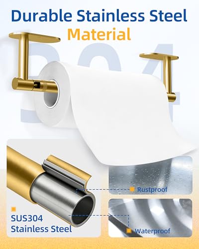 Image of RUACQ Paper Towel Holder Under Cabinet, Wall Mounted or Adhesive Stainless Steel Paper Towel Holder,Round Base Paper Towel Rack for Kitchen, RV, Bathroom (Brushed Gold)