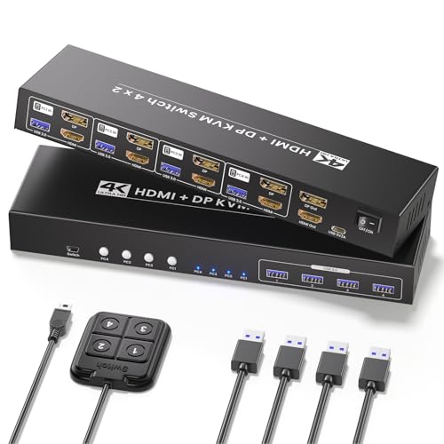 USB 3.0 4 Port HDMI + Displayport KVM Switch 2 Monitors 4 Computers, 4K60Hz Dual Monitor HDMI DP KVM Switch for 4 Computers Sharing 1 Set of Keyboard, Mouse and 2 Monitors
