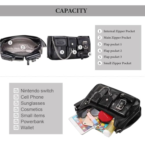 Sunwel Fashion Y2k Black Purse Goth Multi-Pockets Shoulder Bag Aesthetic Grunge Bag for Women2