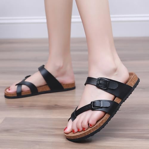 Image of Sandals Women Wide Width, Cork Footbed Arch Support Summer Beach Slide Sandals, Adjustable Strap for Wide Feet
