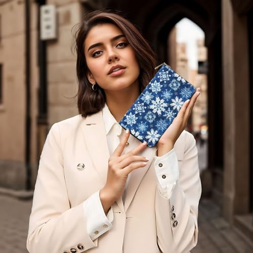 Blue Snowflake Pattern (A) Print Wallet Women, Leather Bifold Multi Card Wallet, Long Purse Women's Wallets 6
