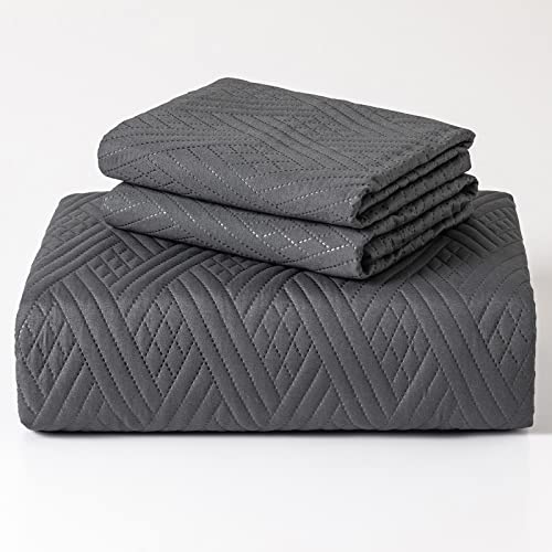 Quiltina Queen Size Quilt Set Grey Bedspreads, Lightweight Soft Summer Microfiber Coverlets, Modern Style Squares Pattern Bedding Set For All Season - 3 Piece (1 Quilt, 2 Pillow Shams) #TOP6