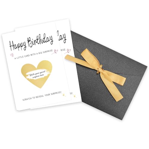 FIDWALL Birthday Surprise Scratch Card Personalised Scratch-Off Cards Birthday Gift for Men & Women (2 Greeting Cards 2 Gold Heart Scratch Stickers 1 Black Envelope with Gold Ribbon)