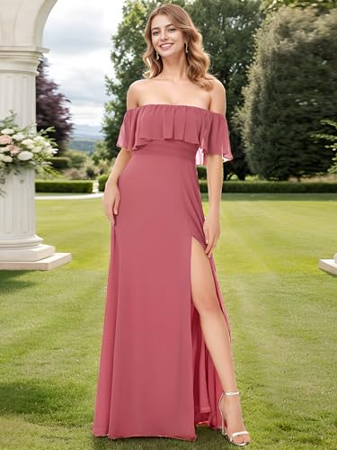 Image of Ever-Pretty Women's Summer Off The Shoulder Flowy Chiffon Formal Wedding Guest Dresses Maxi Side Split Beach Bridesmaid Dress