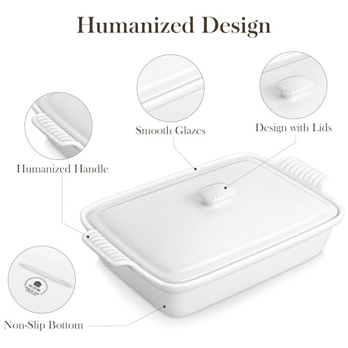 Image of MALACASA 3.4 Quart Baking Dish With Lid, Porcelain Casserole dish with Lid, 13 x 9 Lasagna Pan Deep with Lid, Rectangular Bakeware With Handle, Microwave, Oven Safe, White, Series BAKE