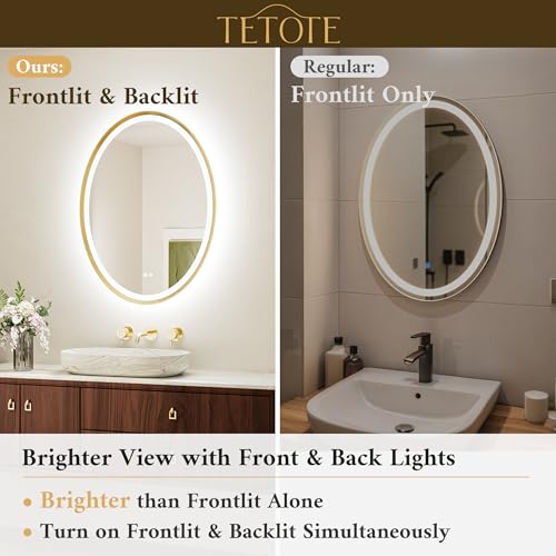 TETOTE Gold Oval Led Mirror with Lights 24" x 32" Metal Framed Oval Lighted Bathroom Vanity Mirror Wall Mounted, Front and Backlit 3 Color Stepless Dimmable Anti Fog, Shatterproof, CRI 90+ by TETOTE - Image 3