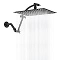 Hibbent All Metal Rain Shower Head, 12'' High Pressure Rainfall Showerhead with 16" Shower Head Extension Arm, Solid Brass Adjustable Shower Arm Extender, Waterfall fixed Showerheads, Matte Black