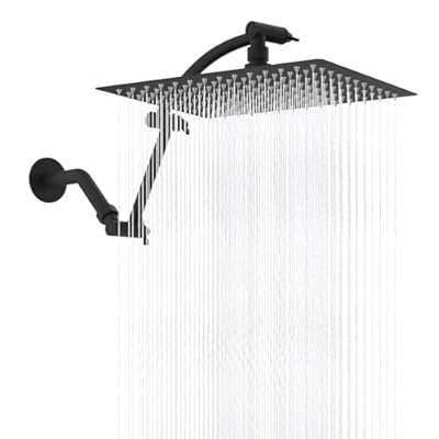 Hibbent All Metal Rain Shower Head, 12'' High Pressure Rainfall Showerhead with 16" Shower Head Extension Arm, Solid Brass Adjustable Shower Arm Extender, Waterfall fixed Showerheads, Matte Black