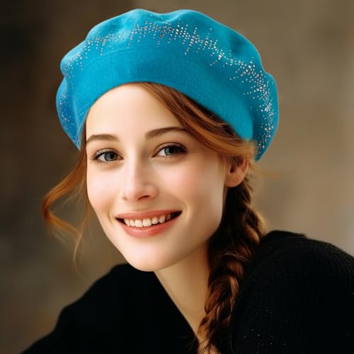 Rhinestone 2 Layers Wool Beret Hats for Women French Barette Winter (Lake Blue)