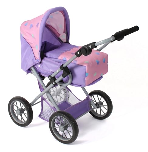Bayer Chic 2000® Poussette combinée 3 en 1 Leni - Cœurs Violets - Pliable, poignée réglable en Hauteur 43-67 cm, Sac de Transport - Poupées jusqu'à 46 cm, à partir de 3 Ans