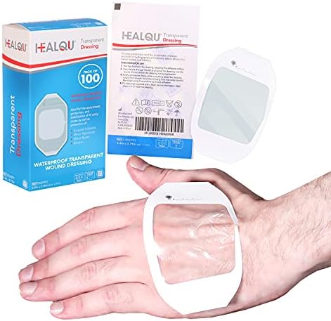 HEALQU Transparent Film Dressing, 2.3" x 2.75" Pack of 100 Waterproof Wound Bandage Adhesive Patches, Post Surgical Shower or IV Shield, Tattoo Aftercare Bandage by Healqu