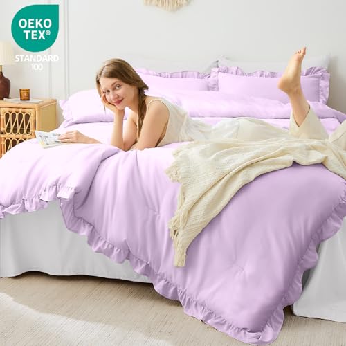 Image of FUANNA Full Size Comforter Sets Lavender, 3 Pieces Ruffle Full Size Bedding Sets, Fluffy Bed in a Bag Full for All Seasons, Shabby Chic Full Bed Set with 1 Lightweight Comforter & 2 Pillowshams