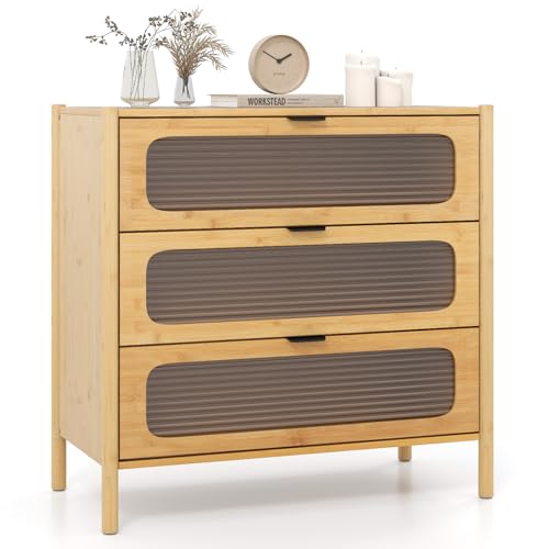 GIANTEX Commode en Bambou à 3 Tiroirs, Table de Chevet à 3 Niveaux avec Kit Antibasculement et Décoration en Verre Trempé, Meuble de Rangement en Bois pour...