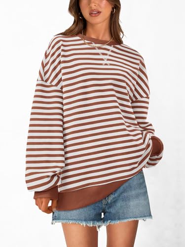Image of PRETTYGARDEN Womens Striped Oversized Sweatshirt Color Block Crew Neck Long Sleeve Casual Loose Pullover Top Y2K Clothes