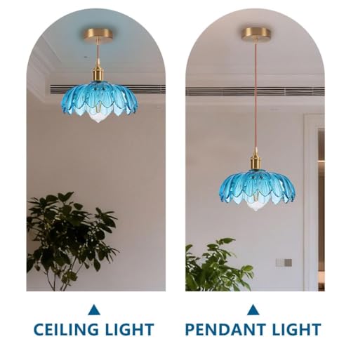 Suspension vintage fleurs bleu verre E27 25cm DLGLOLIN