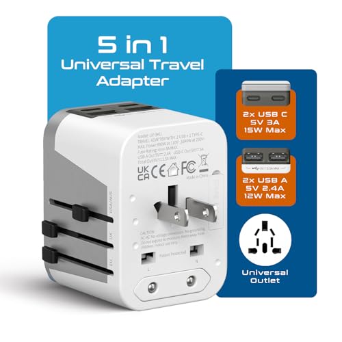 Image of Ceptics Universal Travel Adapter Plug with Dual USB-A and C Ports - Worldwide Power Adapter for Europe, UK, China, UAE, Australia - Charge Phones, Smartwatches & Tablets - Type A, C, G, I