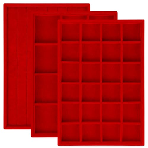 Rocutus Jewelry Trays,3 Pack Stackable Velvet Jewelry Organizer Tray Drawer Jewelry Storage Tray,Divided Ring Organizer Tray for Earrings, Necklaces, Bracelets,13.8