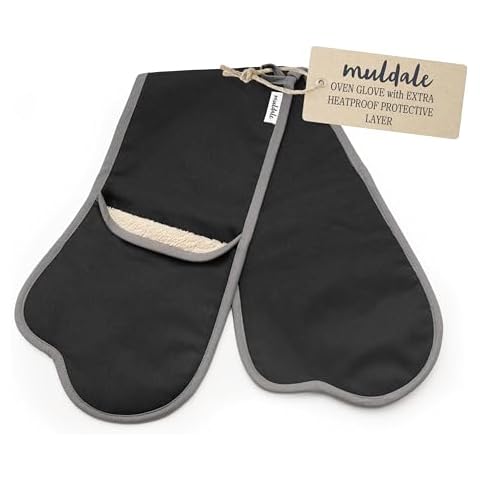Muldale Professional Black Double Oven Mitts Attached - Heavy Duty Double Oven Mitts Attached - Pot Holders with Terry Towelling Interior and Heatproof Protective Layer Cover