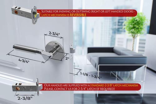 Concordia 1000 - Modern Door Handle Door Lever Set In Satin Nickel - Polished Chrome Finish - Passage No Lock #TOP2