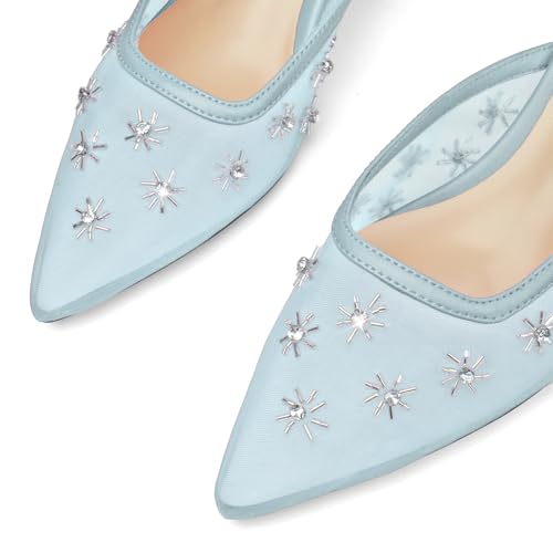 Image of Women Kitten Heel Mules Crystal Flower Decor Mesh Pointed Toe Low Heel Casual Pumps