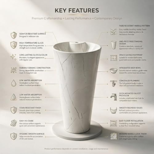 Image of Backline Pedestal Wash Basin| Free Standing Pedestal Basin 7 Years Warranty | One Piece Basin for Bathroom /Office /Living Room /Restaurant (Size - 15 x 15 x 34 Inch) (White Glossy)
