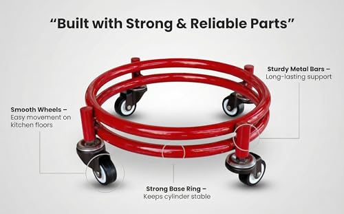 Image of Rincy Heavy-Duty Gas Cylinder Trolley with Double Pipe Frame and Smooth Rolling Wheels New Red Colour Heavy Stainless Steel LPG Gas Cylinder Trolley - Red 4-Wheel Gas Stand for Home and Kitchen