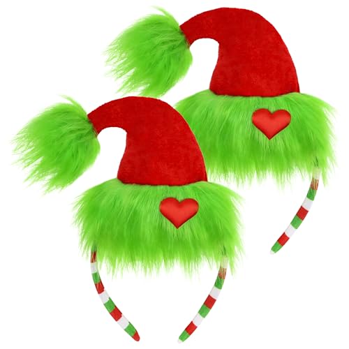 Vifcotlyp 2 PCS Green Furry Headband Christmas Hat Headband with Red Heart Funny Novelty Costume for Women Men for Christmas