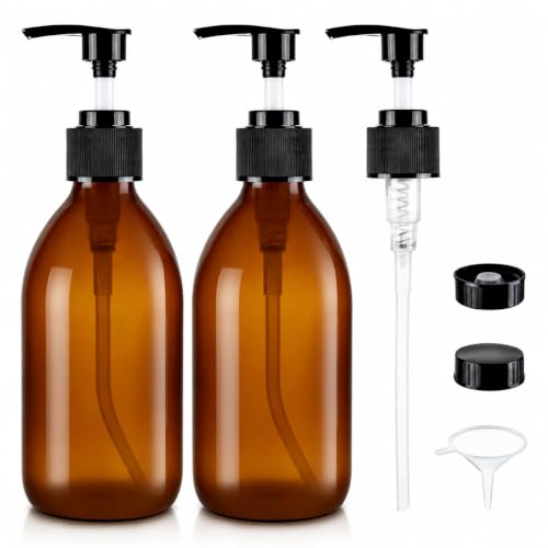 Homepicker 8 oz Amber Glass Pump Bottle, 250ml Glass Soap Dispenser Bottle for Body Lotion Massage Oil, Refillable Empty Hand and Dish Soap Dispensers Set with Labels - 2 Pack