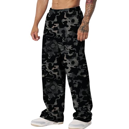 Mens Marble Printed New Pants Casual Elastic Waist Classic Straight Leg with Pockets Autumn Trousers for Daily