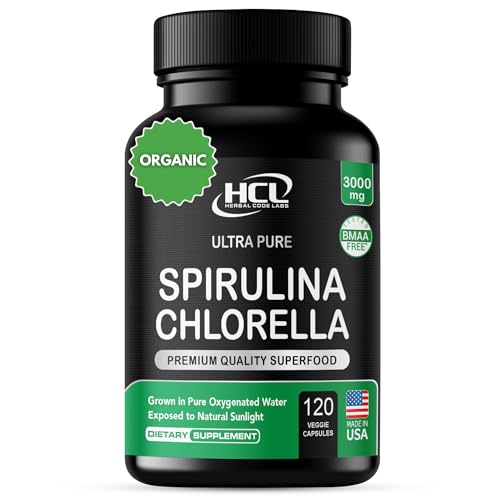 HCL HERBAL CODE LABS Chlorella Spirulina Powder Capsules Organic - 3000 mg of BMAA Free Purest Blue Green Algae - Best Raw Vegan Protein Green Superfood Broken Cell Wall – Made in USA
