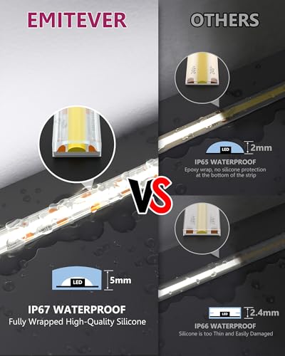 Image of EMITEVER Cool White COB Strip Light 5000K 16.4ft,IP67 Waterproof,Dimmable