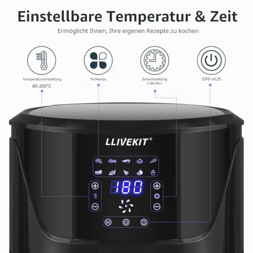 LLIVEKIT Heißluftfritteuse XXXL mit 7 Liter in Silber, Heissluft Fritteusen Air Fryer mit Digitalem...