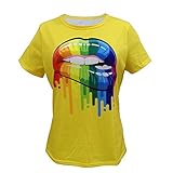 Womens 80s T-Shirt Print Casual Color Lips Graphic Tees Short Sleeve Summer Tops (L, Yellow)