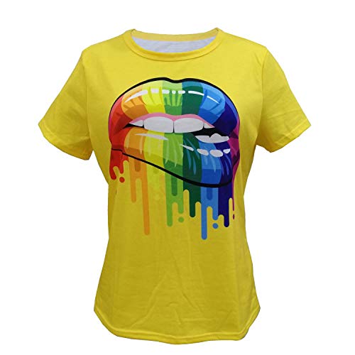 Womens 80s T-Shirt Print Casual Color Lips Graphic Tees Short Sleeve Summer Tops (L, Yellow)