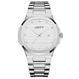 Blekon Orologio da polso da uomo di lusso, classico, quadrante quadrato, analogico, al quarzo, con data, lancette e indici luminosi, orologio da lavoro e casual, bianco/argento, Orologio alla moda da