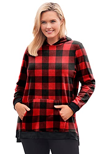 Woman Within Women's Plus Size Microfleece Hoodie - 22/24, Vivid Red Buffalo Plaid Multicolored #TOP12