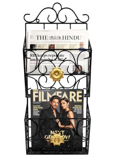 Image of Wall Mounted Hanging File & Magazine Holder - Metal Organizer for Newspapers, Documents & Office Storage | Decorative Rack for Home & Workspace 67x26x10 cm. (Double Magazine Rack BlackG)