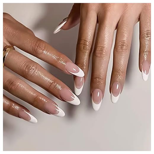 French Tip Press on Nails Long Almond Fake Nails White Tip（wide tip）Nude Pink Glossy Acrylic False Nails Kit for Women Girls Artificial Nails 24 Pcs