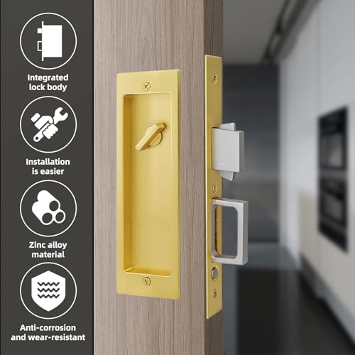 Pocket Door Lock,Modern Rectangular Pocket Door Hardware, Finger Flush Pulls with Edge Pull for Pocket Doors, Sliding Doors,Folding Doors etc (Gold, Privacy Lock) by senharvest - Used condition - Image 3