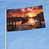 Flagge, 3 x 5 Fuß, Bootshafen im Sonnenuntergang, lustige Flaggen, Feiertags-Gartenflaggen für alle Jahreszeiten, strapazierfähige Flaggen für draußen, Allwetterflagge für Wohnheimzimmerdekoration, Pa