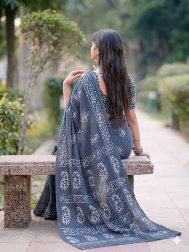 Image of Women's Pure Cotton Printed Saree with Traditional Batik Inspired Border Design, Soft Lightweight Daily Wear Saree with Unstitched Blouse Piece for Festive, Casual and Office Wear
