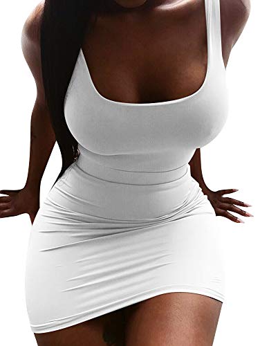Yfang Women's Casual Tank Top Bodycon Dress Basic Sleeveless Club Mini Dress White Small #TOP3
