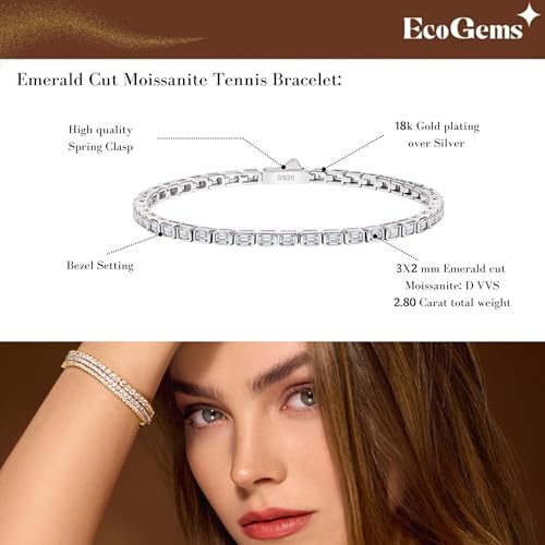 18K Yellow/White Gold Plated Silver Emerald shape Bracelet With 2.60-3.95 Carat TCW (D Color, VVS Clarity), 4 Prong/Bezel Setting Diamonds, Bracelet For Women, Gift For Her Comes With Gift Box3