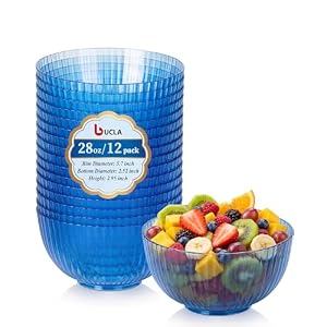 bUCLA 12 PCS Plastic Cereal Bowls Set – 28 Oz Clear Blue Disposable Vertical Stripes Serving Bowls for Snack, Salad, Dessert & Fruit