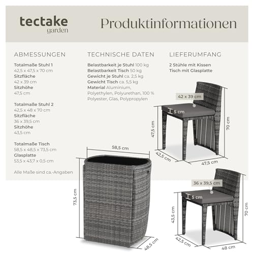 tectake® Poly Rattan Bistroset mit Aluminium Gestell, platzsparend zusammenschiebbar, Gartenmöbel Set mit 2 Stühlen & Tisch, Outdoor Möbel… – Ansicht 6