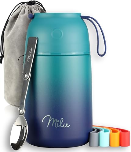 Milu® Thermobehälter für Essen 650ml, Edelstahl, Thermo Lunchbox, Suppenbehälter to go, Thermobox, Thermodose zum Warmhalten Suppen, Babybrei, Speisebehälter, breiwärmer unterwegs, Grün Blau 650ml
