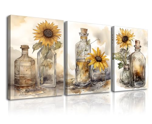 PIY PAINTING Quadro Fiori Set da 3 Quadro su Tela, Girasoli Stampati su Tela, Quadri Moderni Murale Tela Quadri per Cucina Camera da Letto Ufficio 30x40cm, con Telaio in Legno Incorporato