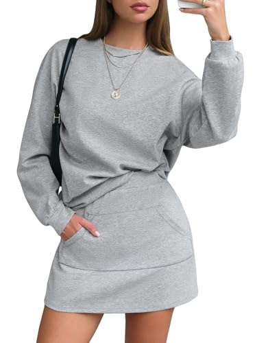 EXLURA Women 2 Piece Sets Cotton Tracksuits Workout Set Crewneck Sweatshirt Skort Short Skirt Fall Tennis Sweat Suits Pockets