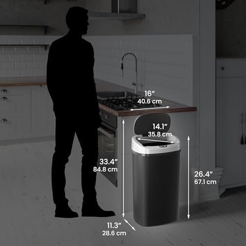 Image of iTouchless 13 Gallon Sensor Kitchen Trash Can with Lid and Odor Filter, Durable Dent-Proof Automatic Waste Basket Garbage Bin Great for Home, Office, Business, Slim Space-Saving, Oval, Black Plastic