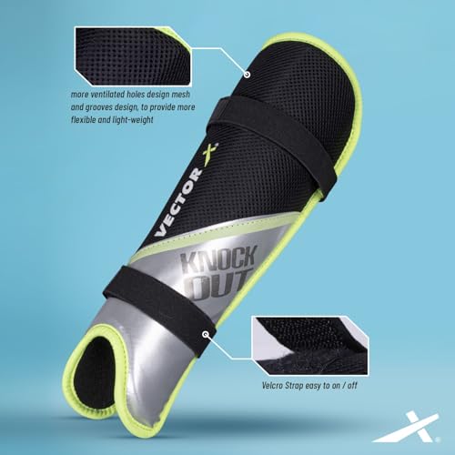 Image of Vector X Knockout Field Hockey Shin Guard with PPCP Shell | Double 360 Velcro Straps | Practice and Training | Air Mesh Cushioning | for Kids Youth Adults